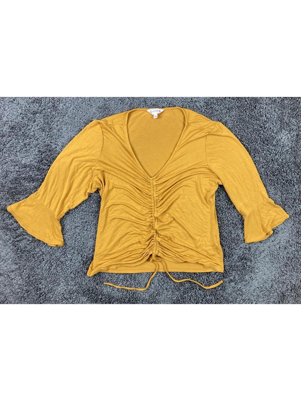 Nanette Lepore Mustard Gold Ruched Cinch Front Bell Sleeve Top Sz Large